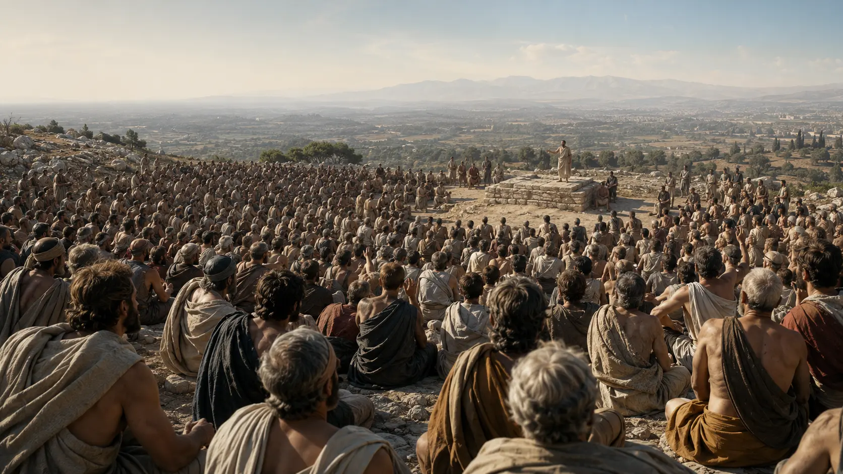 Citizens gathered on the rocky Pnyx, facing a bright horizon.