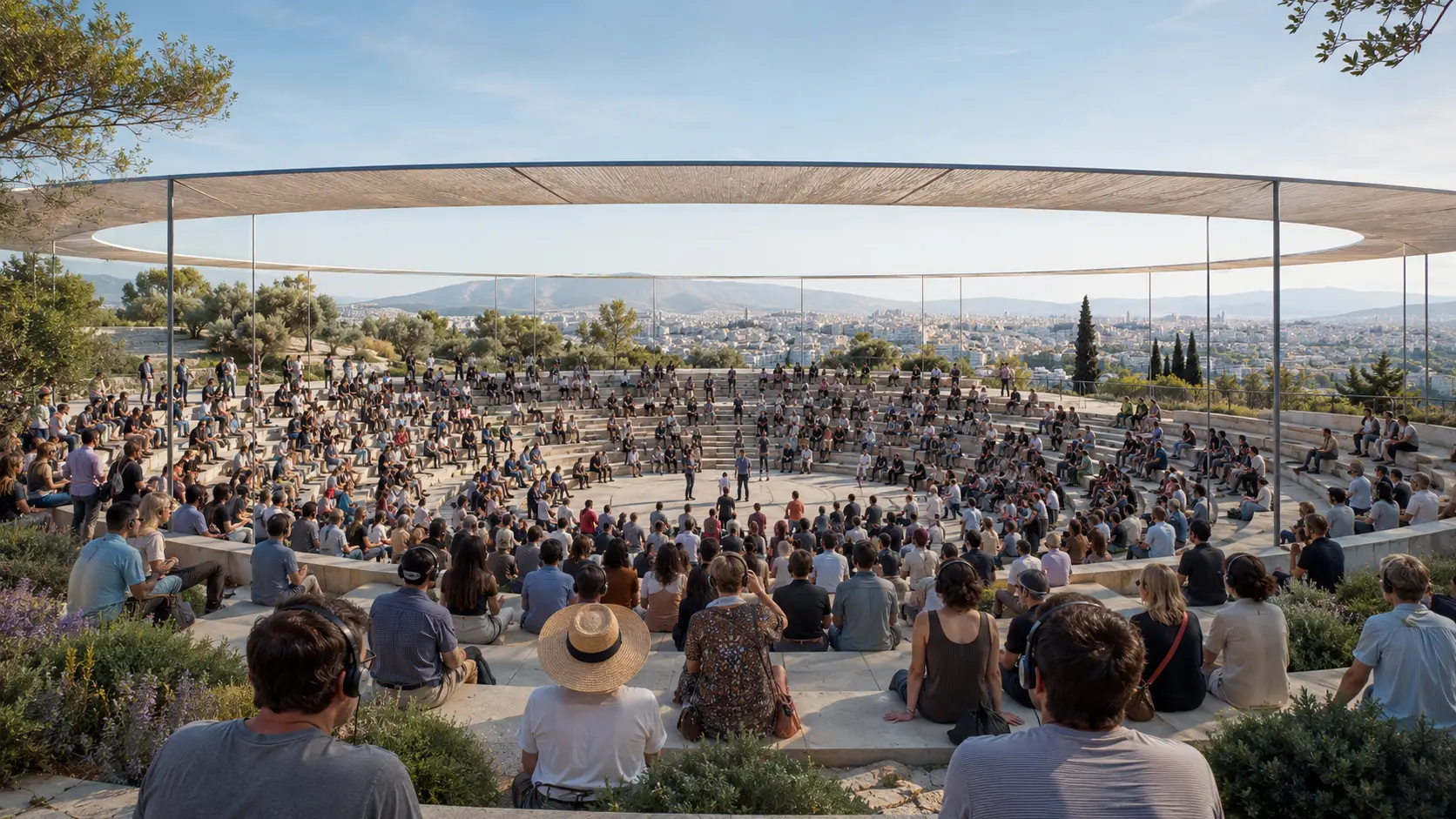 A contemporary open-air civic assembly where participants use headphones to listen and take part